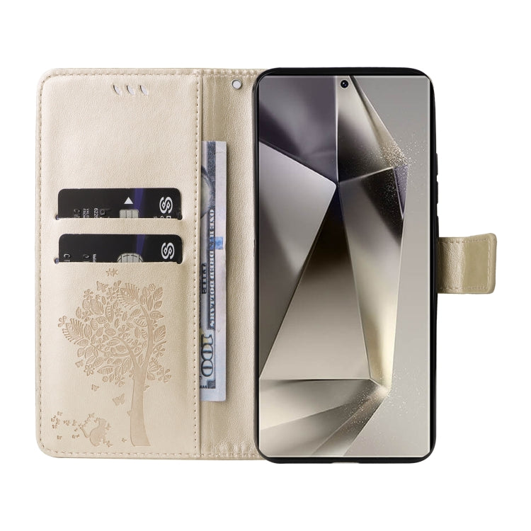 For Samsung Galaxy S25 Ultra 5G Tree & Cat Embossed Pattern Flip Leather Phone Case(Gold)