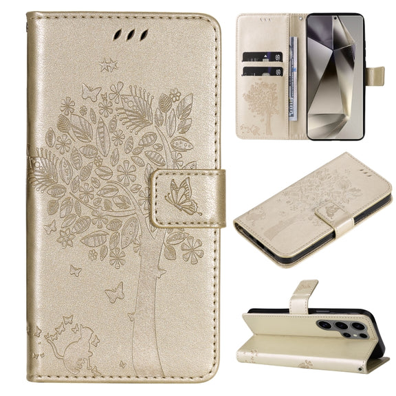 For Samsung Galaxy S25 Ultra 5G Tree & Cat Embossed Pattern Flip Leather Phone Case(Gold)