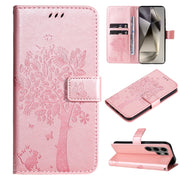 For Samsung Galaxy S25 Ultra 5G Tree & Cat Embossed Pattern Flip Leather Phone Case(Rose Gold)