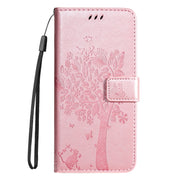 For Samsung Galaxy S25 Ultra 5G Tree & Cat Embossed Pattern Flip Leather Phone Case(Rose Gold)