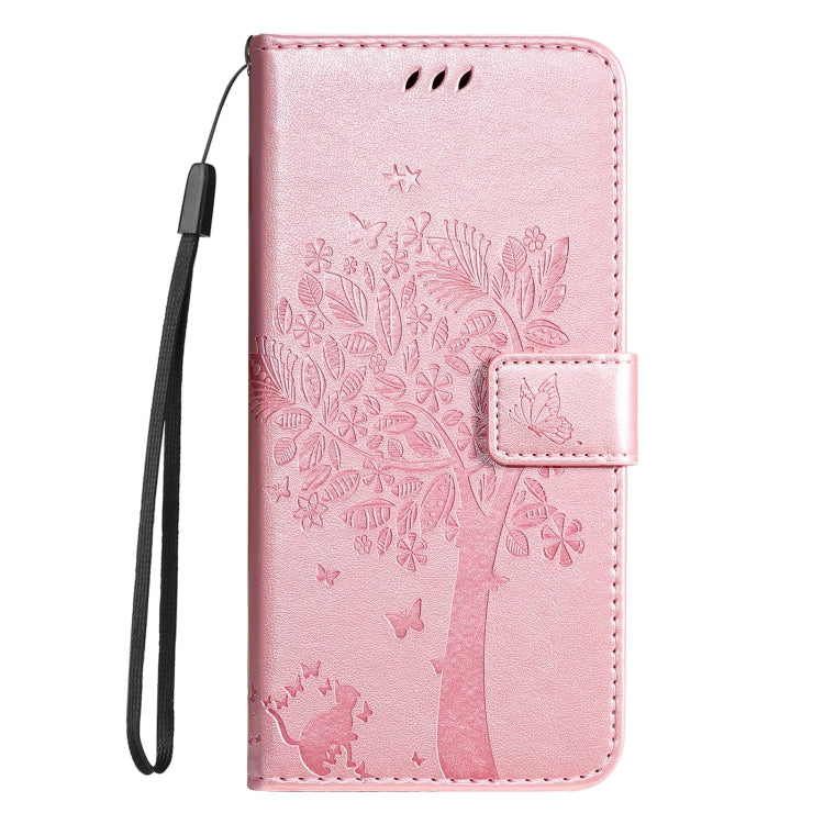 For Samsung Galaxy S25 Ultra 5G Tree & Cat Embossed Pattern Flip Leather Phone Case(Rose Gold)