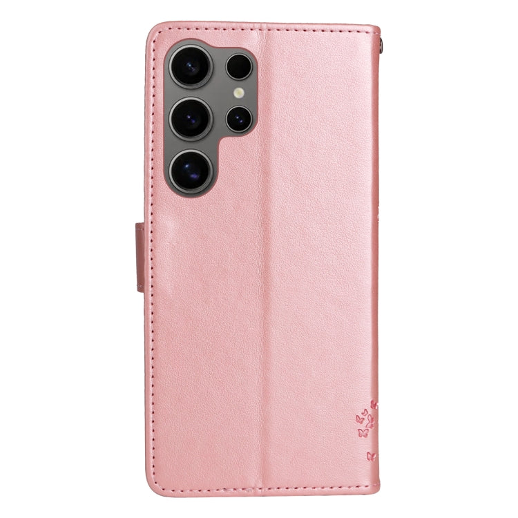 For Samsung Galaxy S25 Ultra 5G Tree & Cat Embossed Pattern Flip Leather Phone Case(Rose Gold)