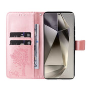 For Samsung Galaxy S25 Ultra 5G Tree & Cat Embossed Pattern Flip Leather Phone Case(Rose Gold)