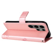 For Samsung Galaxy S25 Ultra 5G Tree & Cat Embossed Pattern Flip Leather Phone Case(Rose Gold)