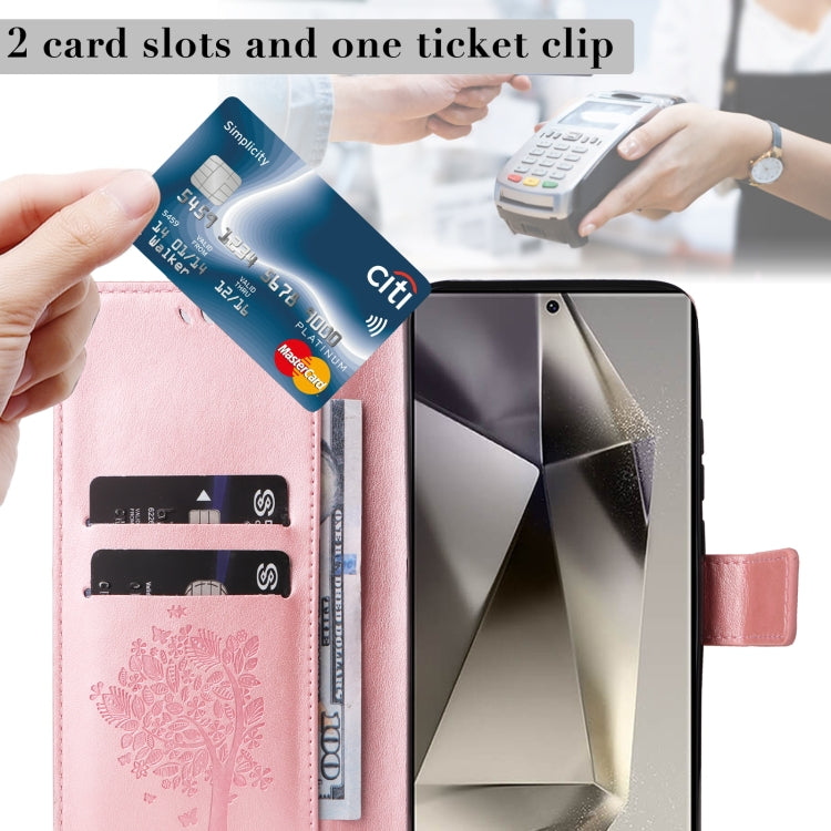 For Samsung Galaxy S25 Ultra 5G Tree & Cat Embossed Pattern Flip Leather Phone Case(Rose Gold)