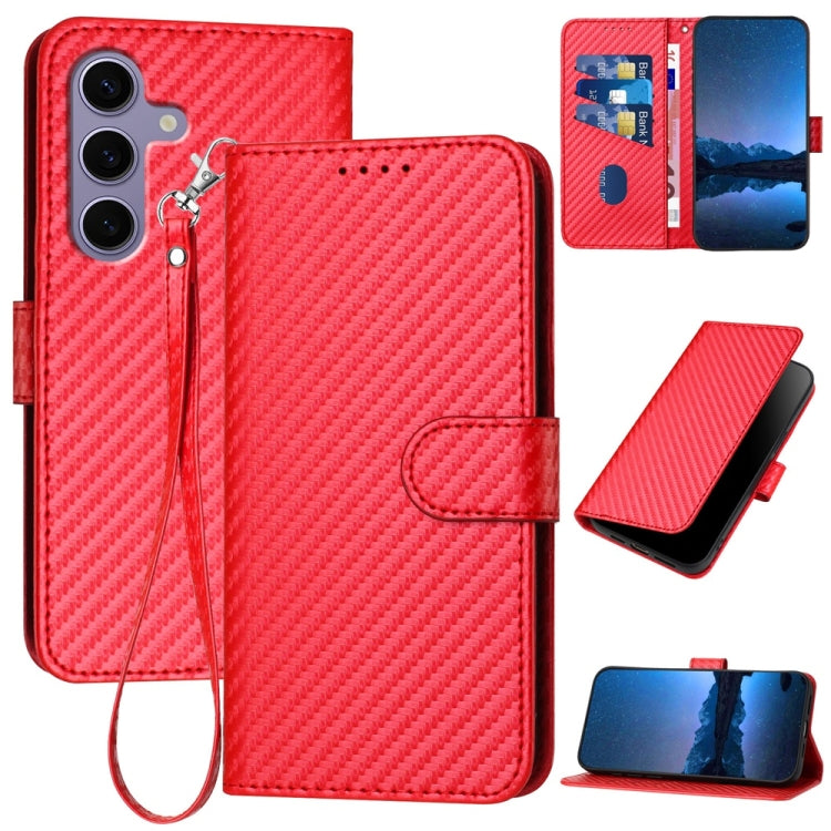For Samsung Galaxy S25 5G YX0070 Carbon Fiber Buckle Leather Phone Case with Lanyard(Red)