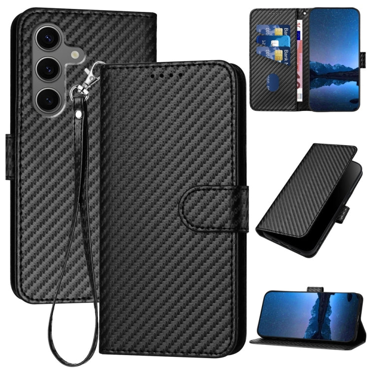 For Samsung Galaxy S25+ 5G YX0070 Carbon Fiber Buckle Leather Phone Case with Lanyard(Black)