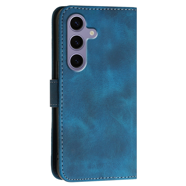 For Samsung Galaxy S25 5G Grid Butterfly Embossed Pattern Leather Phone Case with Lanyard(Dark Blue)
