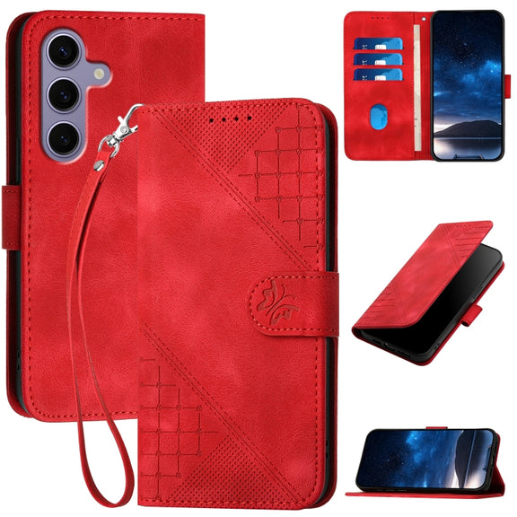 For Samsung Galaxy S25 5G YX0080 Grid Butterfly Embossed Pattern Flip Leather Phone Case with Lanyard(Red)