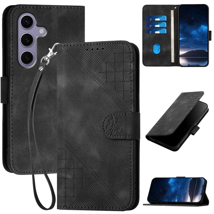 For Samsung Galaxy S25 5G Grid Butterfly Embossed Pattern Leather Phone Case with Lanyard(Black)