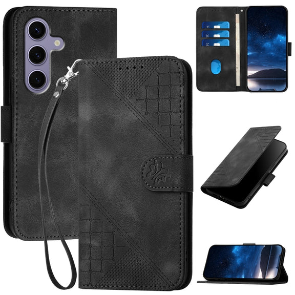 For Samsung Galaxy S25 5G Grid Butterfly Embossed Pattern Leather Phone Case with Lanyard(Black)