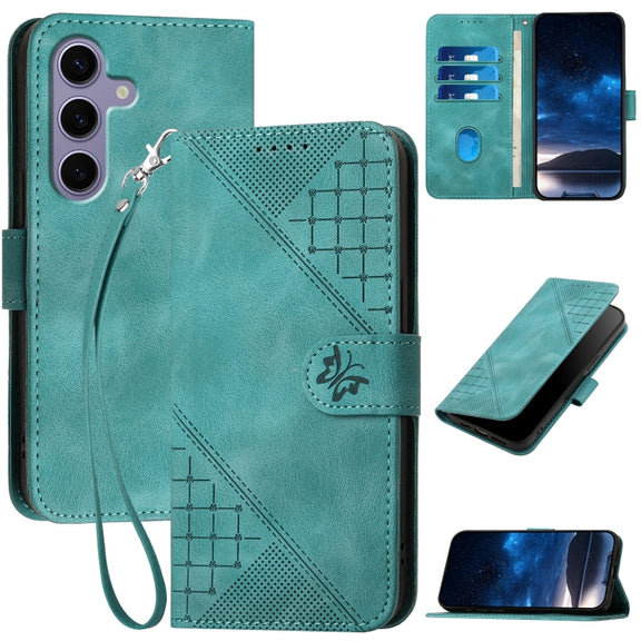 For Samsung Galaxy S25 5G Grid Butterfly Embossed Pattern Leather Phone Case with Lanyard(Light Blue)