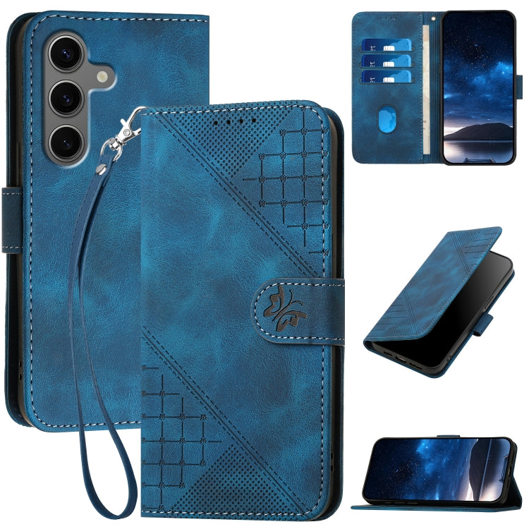For Samsung Galaxy S25+ 5G YX0080 Grid Butterfly Embossed Pattern Flip Leather Phone Case with Lanyard(Dark Blue)