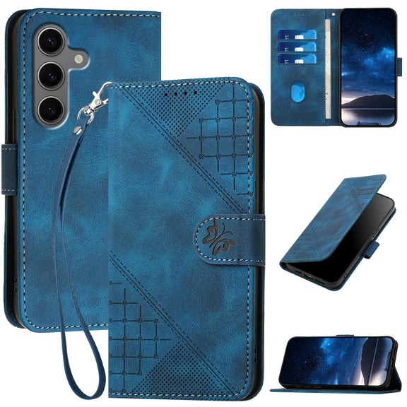 For Samsung Galaxy S25+ 5G YX0080 Grid Butterfly Embossed Pattern Flip Leather Phone Case with Lanyard(Dark Blue)
