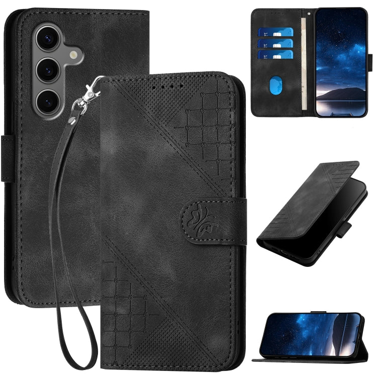 For Samsung Galaxy S25+ 5G YX0080 Grid Butterfly Embossed Pattern Flip Leather Phone Case with Lanyard(Black)
