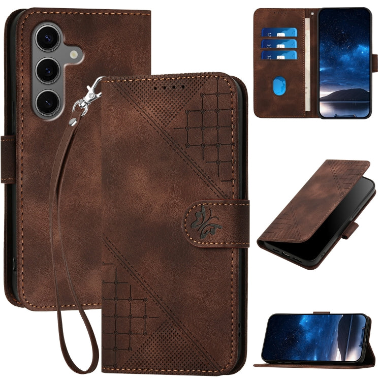 For Samsung Galaxy S25+ 5G YX0080 Grid Butterfly Embossed Pattern Flip Leather Phone Case with Lanyard(Coffee)