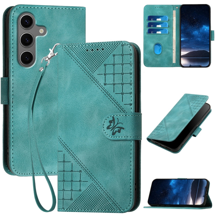 For Samsung Galaxy S25+ 5G YX0080 Grid Butterfly Embossed Pattern Flip Leather Phone Case with Lanyard(Light Blue)