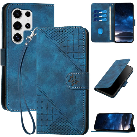 For Samsung Galaxy S25 Ultra 5G YX0080 Grid Butterfly Embossed Pattern Flip Leather Phone Case with Lanyard(Dark Blue)