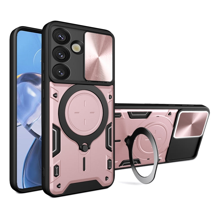 For Samsung Galaxy S25 5G CD Texture Sliding Camshield Magnetic Holder Phone Case(Pink)