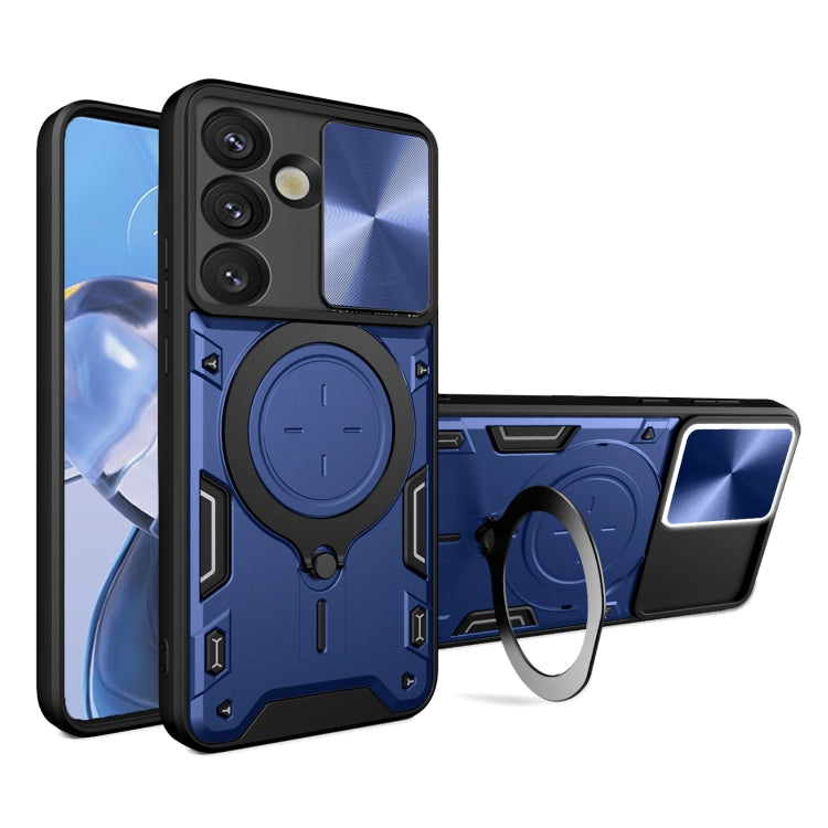 For Samsung Galaxy S25 5G CD Texture Sliding Camshield Magnetic Holder Phone Case(Blue)