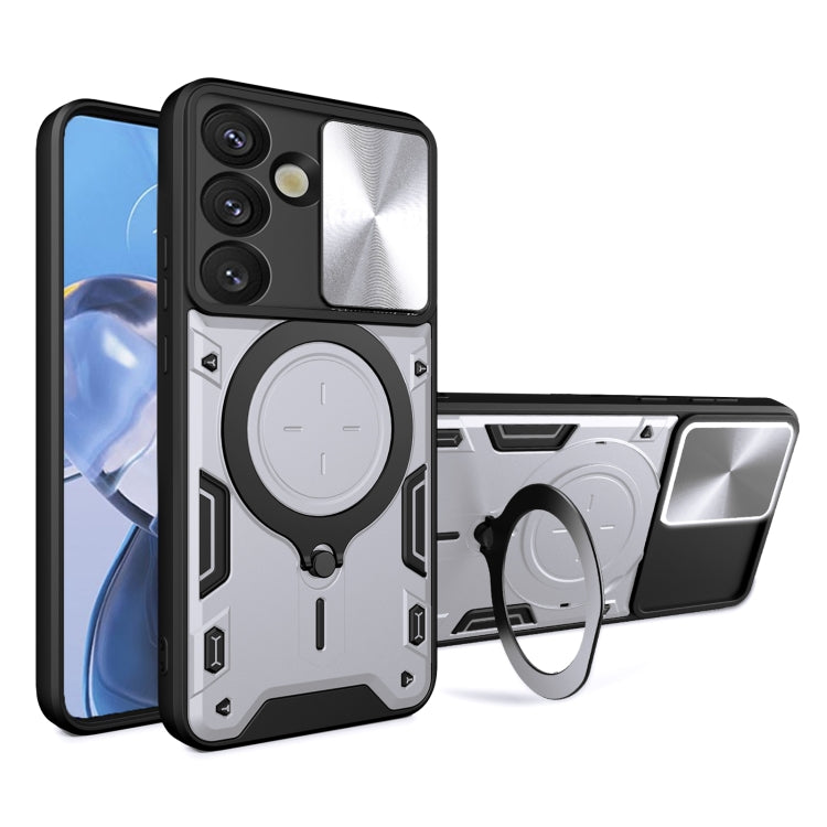 For Samsung Galaxy S25 5G CD Texture Sliding Camshield Magnetic Holder Phone Case(Silver)