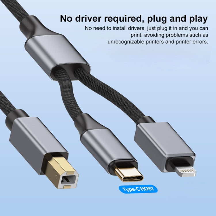 2 in 1 Type-C and 8 Pin to USB-B MIDI Instruments Printer Cable, Length: 1m, Length:1m(Black)