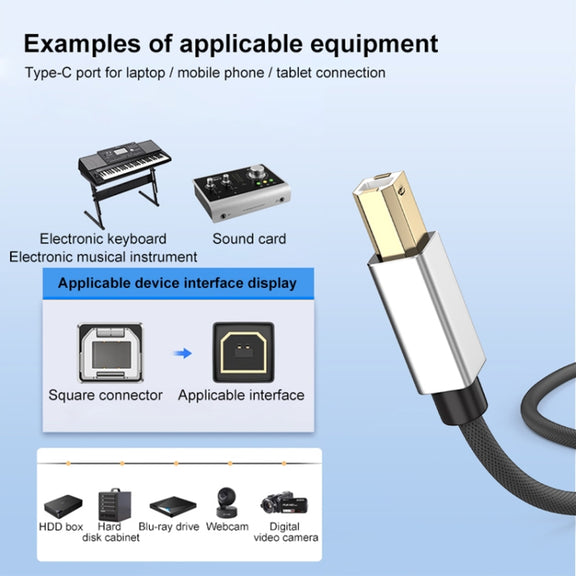 2 in 1 Type-C and USB-A to USB-B MIDI Instruments Printer Cable, Length: 1m, Length:1m(Black White)