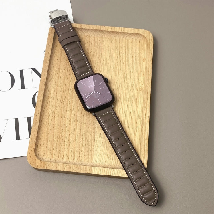 For Apple Watch 46mm / 49mm / 45mm / 44mm Striations Genuine Leather Butterfly Buckle Watch Band(Brown)