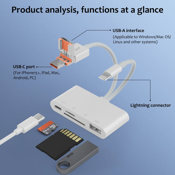 NK-108TL Pro USB-C / Type-C, 8 Pin, USB to USB-C / Type-C, USB, TF, SD Card Multi-function Card Reader Adapter(White)