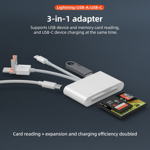 NK-1011TL Pro USB-C / Type-C, 8 Pin, USB to USB-C / Type-C, USB, CF, TF, SD Card Slot Card Reader Adapter(White)
