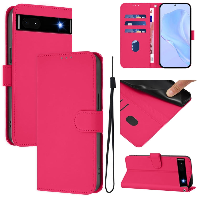 For Google Pixel 6a Skin Feel Solid Color Leather Phone Case with Lanyard(Rose Red)