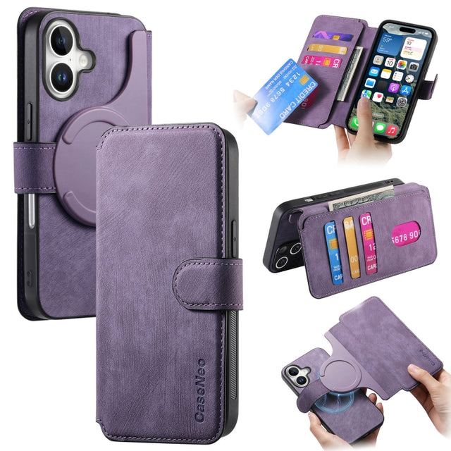 For iPhone 16 Plus CaseNeo MagSafe RFID Anti-theft Retro Leather Phone Case(Purple)