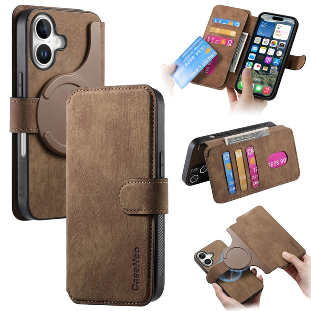 For iPhone 16 CaseNeo MagSafe RFID Anti-theft Retro Leather Phone Case(Brown)