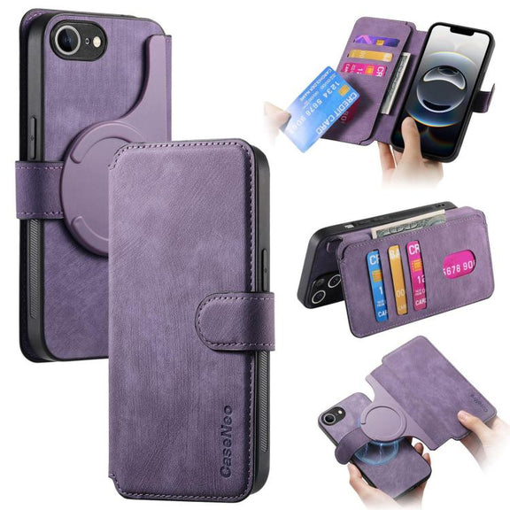 For iPhone 16e CaseNeo MagSafe RFID Anti-theft Retro Leather Phone Case(Purple)