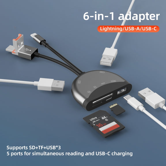 NK-1052TL Pro USB-C / Type-C, 8 Pin, USB to USB-C / Type-C, 3 x USB, TF / SD Card Multi-function Adapter(Dark Grey)