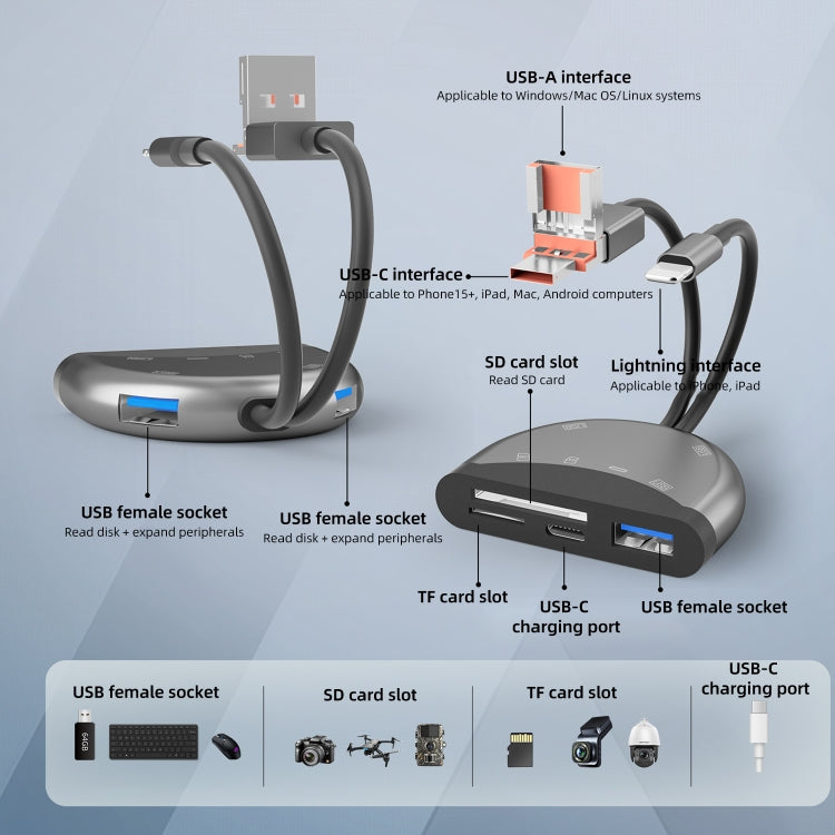 NK-1052TL Pro USB-C / Type-C, 8 Pin, USB to USB-C / Type-C, 3 x USB, TF / SD Card Multi-function Adapter(Dark Grey)