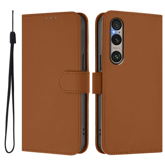 For Sony Xperia 1 VI 2024 Skin Feel Solid Color Leather Phone Case with Lanyard(Brown)