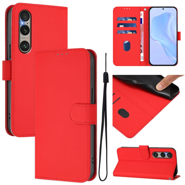 For Sony Xperia 1 VI 2024 Skin Feel Solid Color Leather Phone Case with Lanyard(Red)