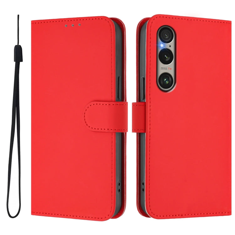 For Sony Xperia 1 VI 2024 Skin Feel Solid Color Leather Phone Case with Lanyard(Red)