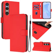 For Sony Xperia 1 VI 2024 Skin Feel Solid Color Leather Phone Case with Lanyard(Red)