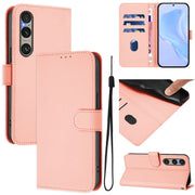 For Sony Xperia 1 VI 2024 Skin Feel Solid Color Leather Phone Case with Lanyard(Pink)