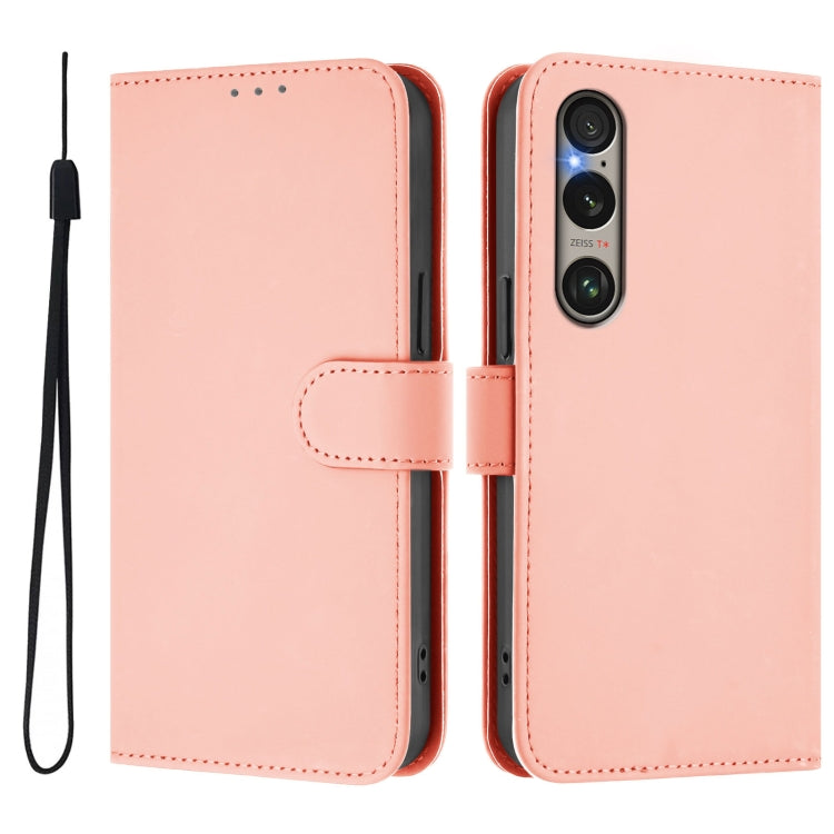 For Sony Xperia 1 VI 2024 Skin Feel Solid Color Leather Phone Case with Lanyard(Pink)