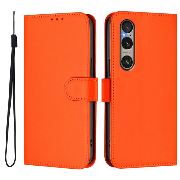 For Sony Xperia 1 VI 2024 Skin Feel Solid Color Leather Phone Case with Lanyard(Orange)
