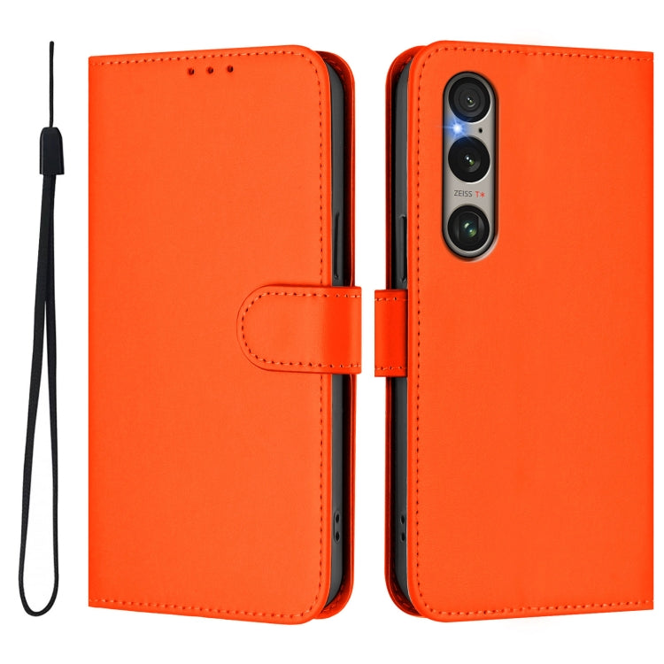 For Sony Xperia 1 VI 2024 Skin Feel Solid Color Leather Phone Case with Lanyard(Orange)