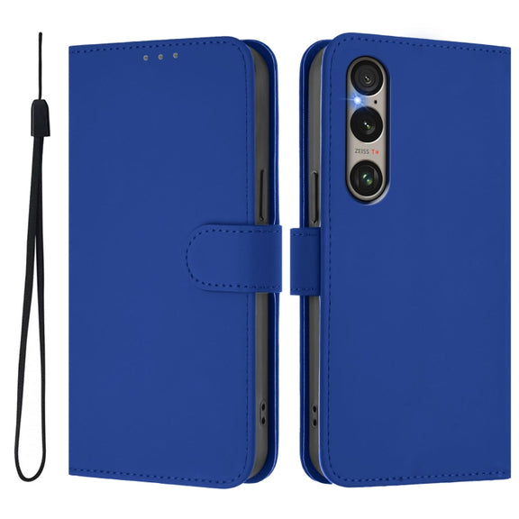 For Sony Xperia 1 VI 2024 Skin Feel Solid Color Leather Phone Case with Lanyard(Dark Blue)
