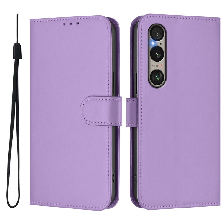 For Sony Xperia 1 VI 2024 Skin Feel Solid Color Leather Phone Case with Lanyard(Lavender Purple)