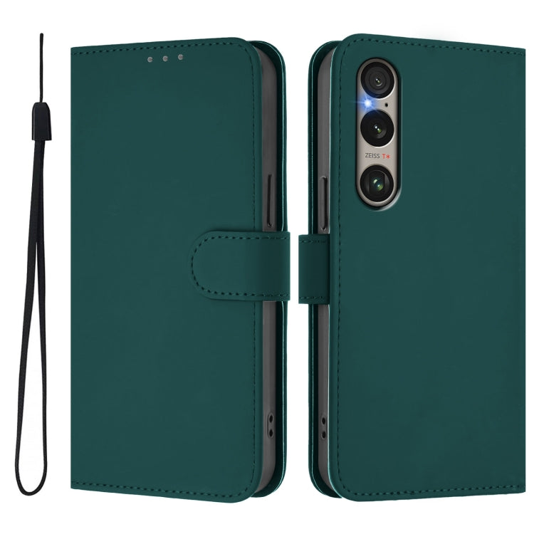 For Sony Xperia 1 VI 2024 Skin Feel Solid Color Leather Phone Case with Lanyard(Dark Green)