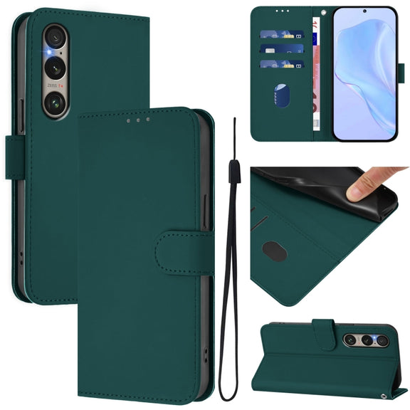 For Sony Xperia 1 VI 2024 Skin Feel Solid Color Leather Phone Case with Lanyard(Dark Green)