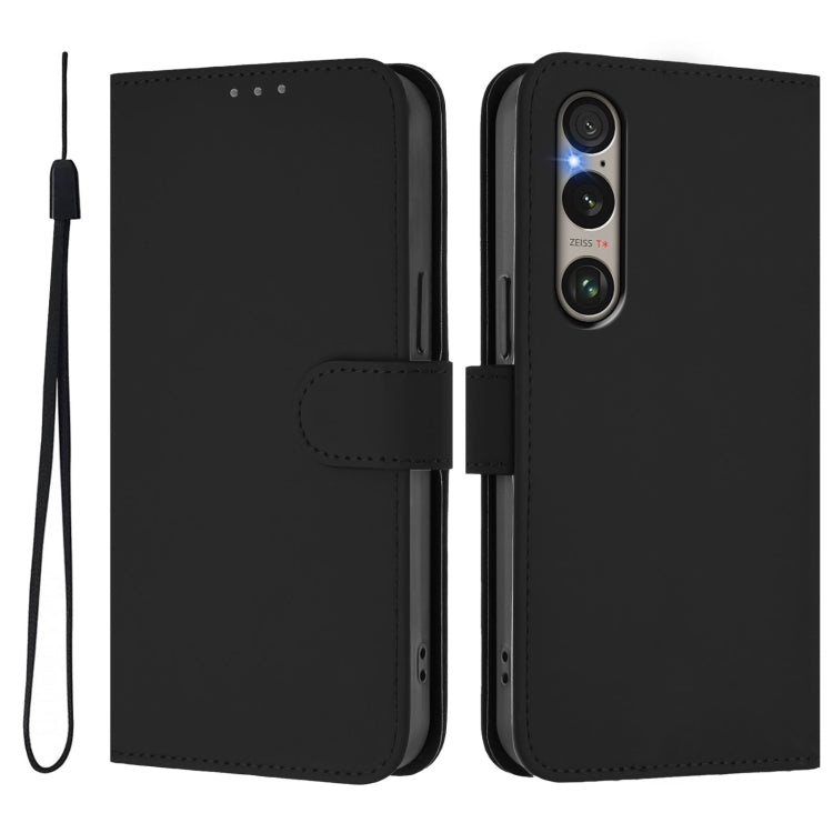 For Sony Xperia 1 VI 2024 Skin Feel Solid Color Leather Phone Case with Lanyard(Black)