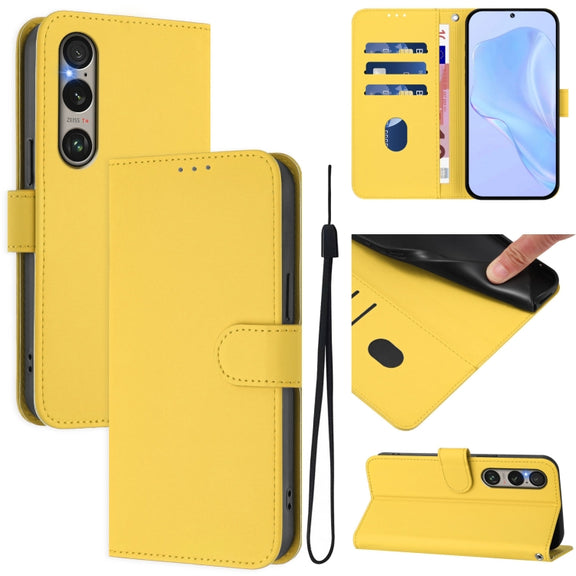 For Sony Xperia 1 VI 2024 Skin Feel Solid Color Leather Phone Case with Lanyard(Lemon Yellow)